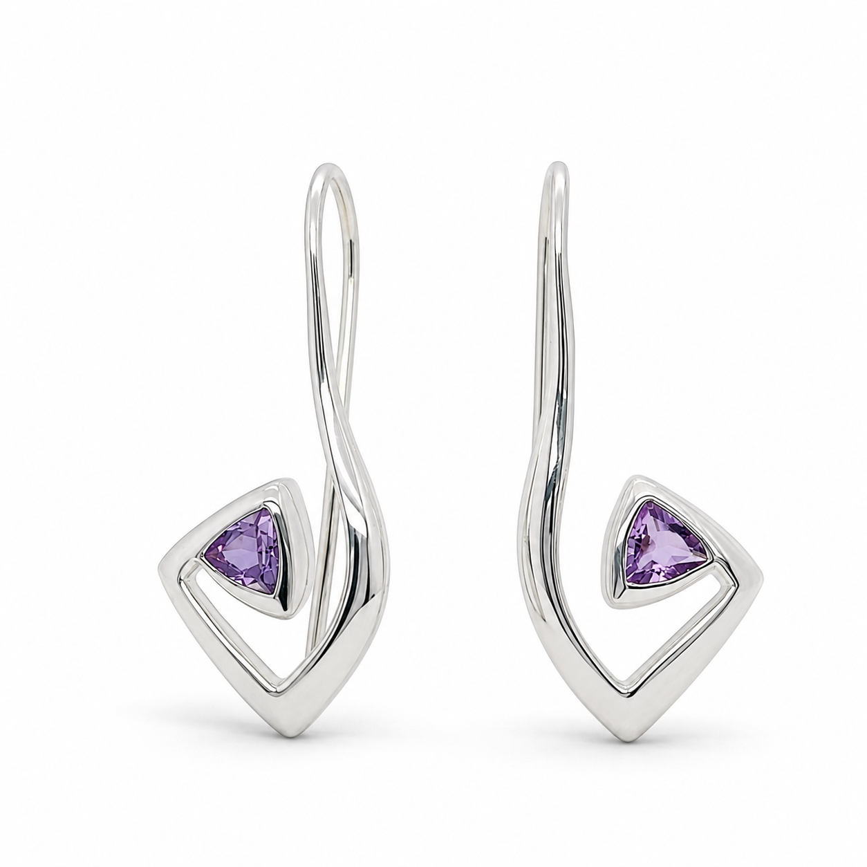 Silver Trillion Amethyst Drop Earrings