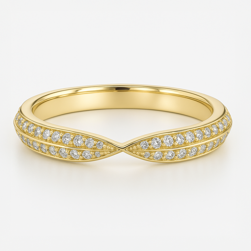 Yellow Gold Diamond Wedding Ring with Diamond accents on a light background