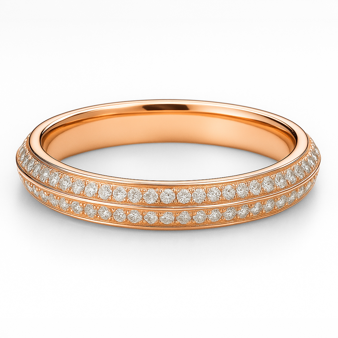 Rose gold wedding ring with diamond accents on a white background