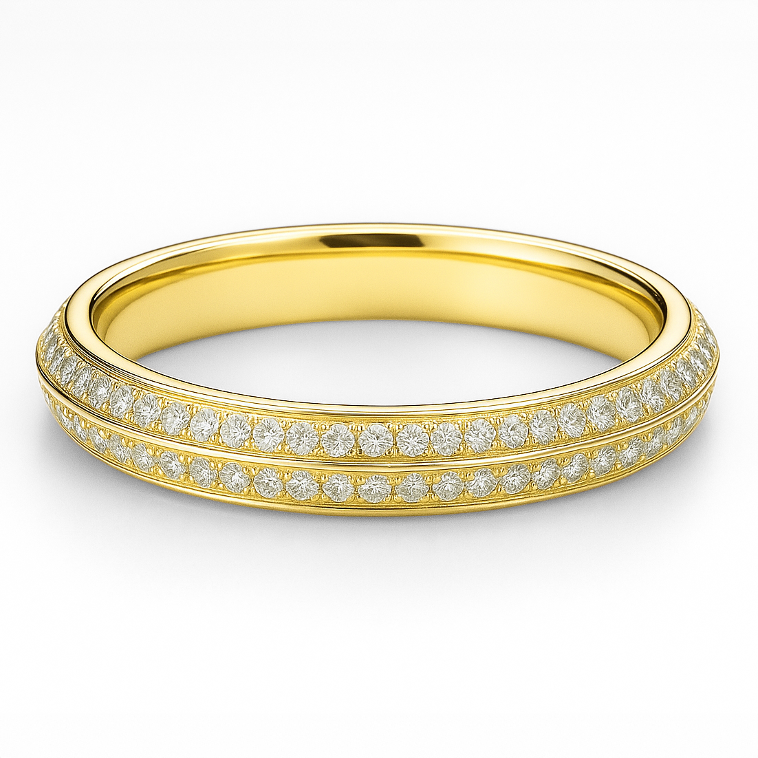 Yellow Gold Wedding ring with diamond accents on a white background