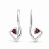 A pair of modern sterling silver dangle earrings with a twisted wire design and a small triangular red gemstone inset, shown on a clean white background.