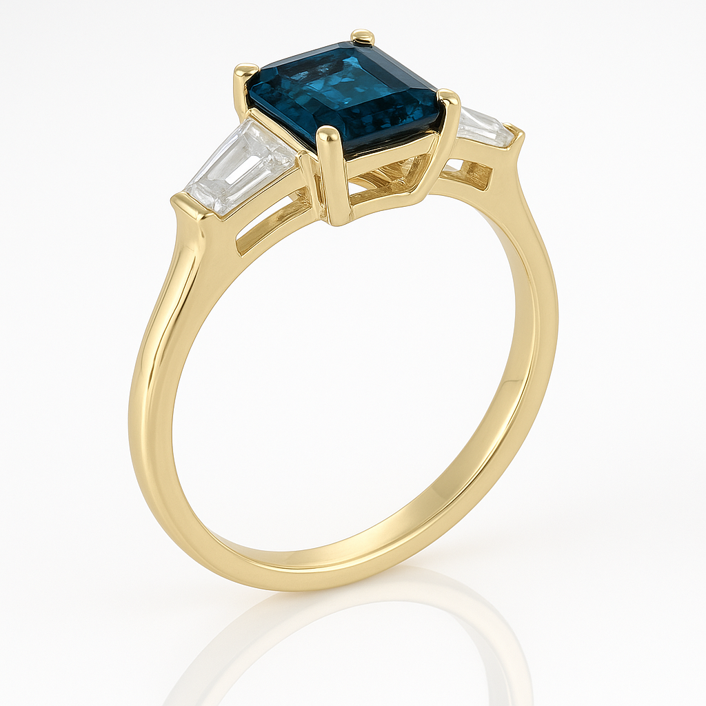 Gold ring with a blue gemstone and two clear stones on a white background