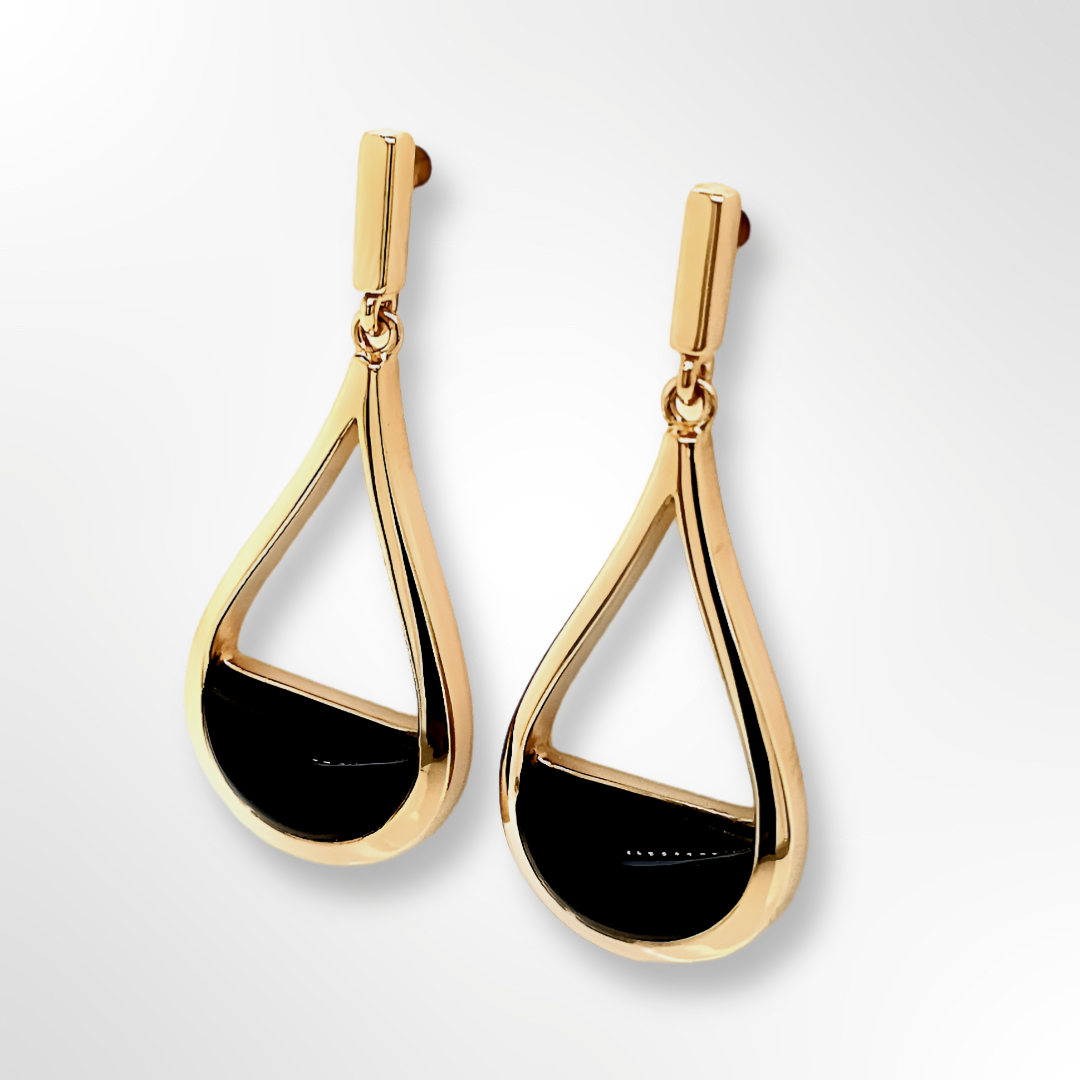 Silver Yellow Gold Plated Pear Shape and Onyx Drop Earrings