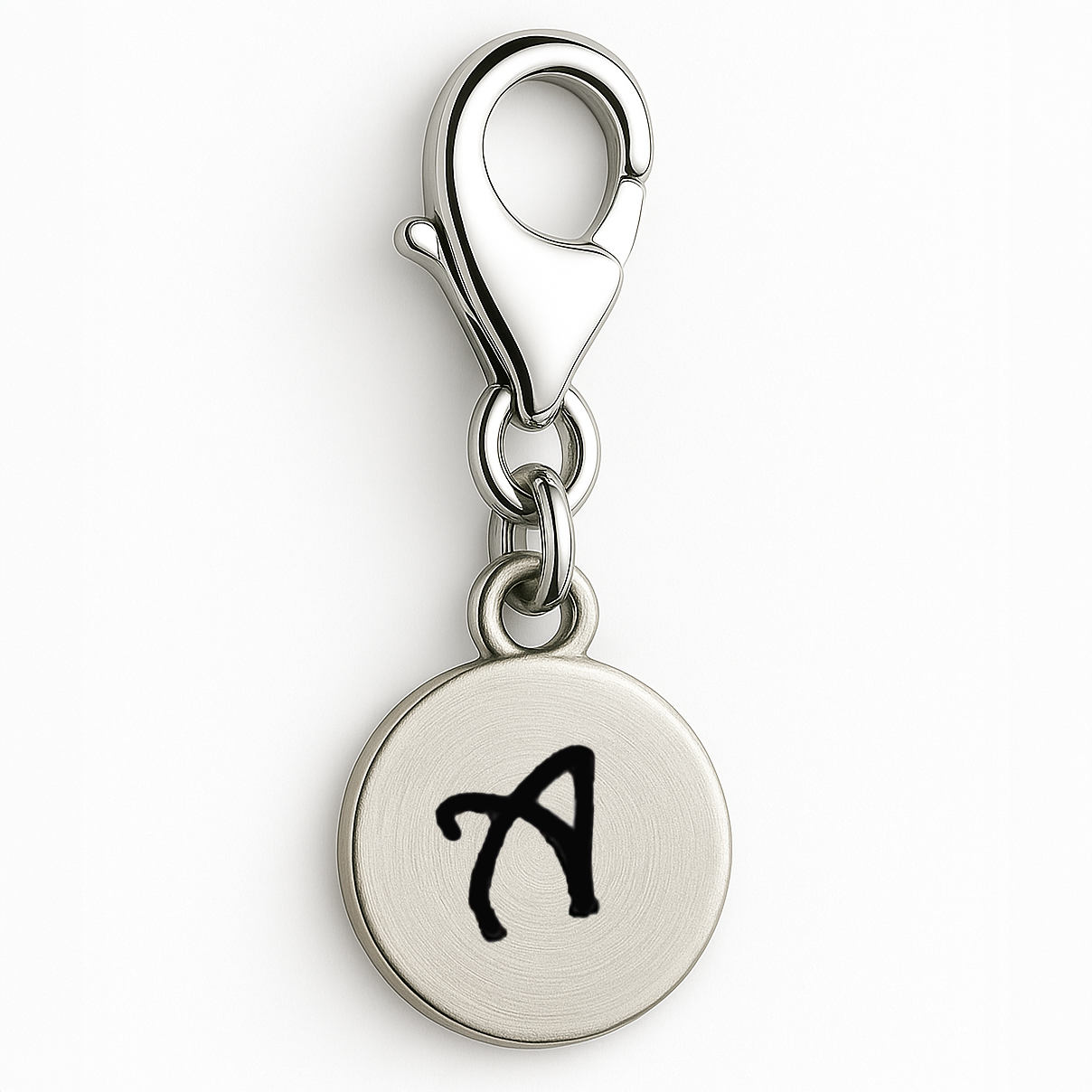 Silver charm with letter 'A' on a white background