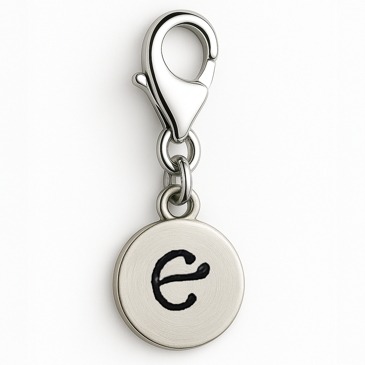 Silver charm with letter 'e' on a white background