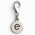 Silver charm with letter 'e' on a white background