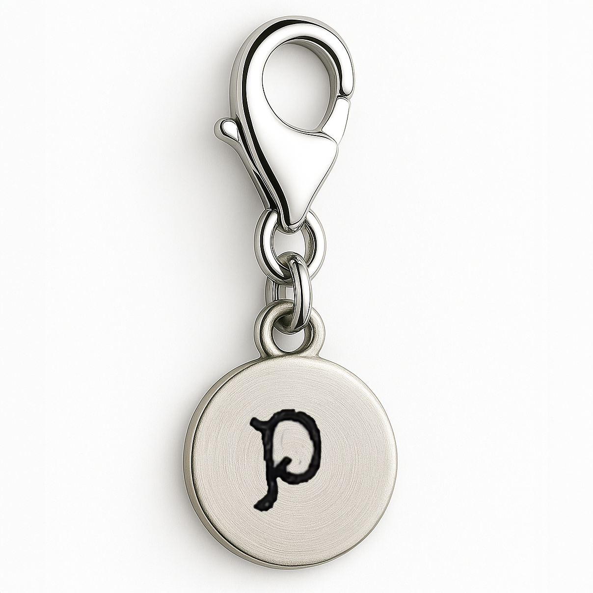 Silver charm with letter 'p' on a white background