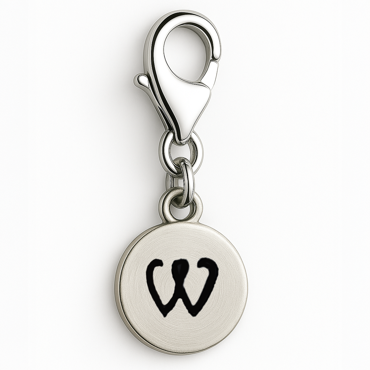 Silver charm with letter 'W' on a white background