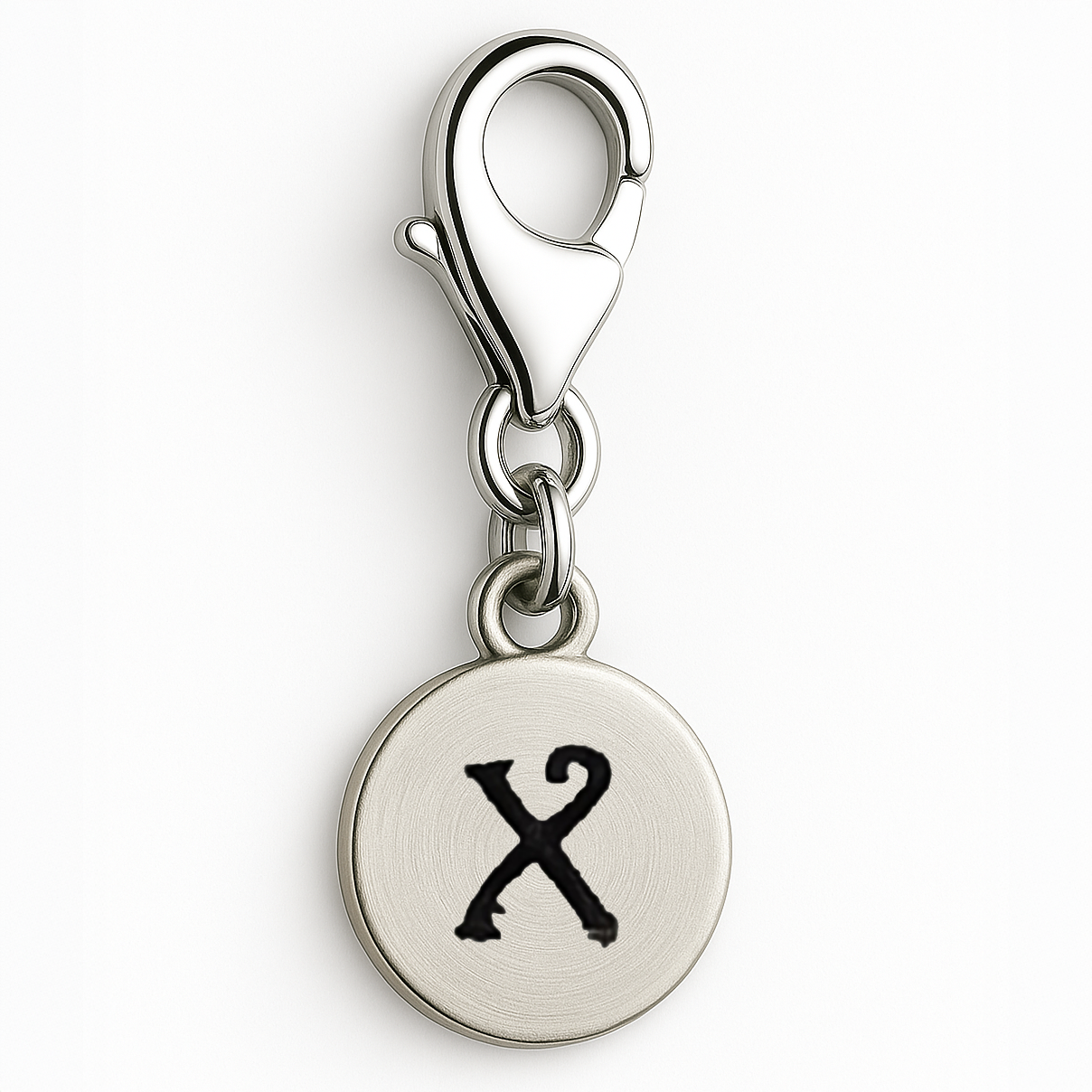 Silver charm with a black letter 'X' on a white background