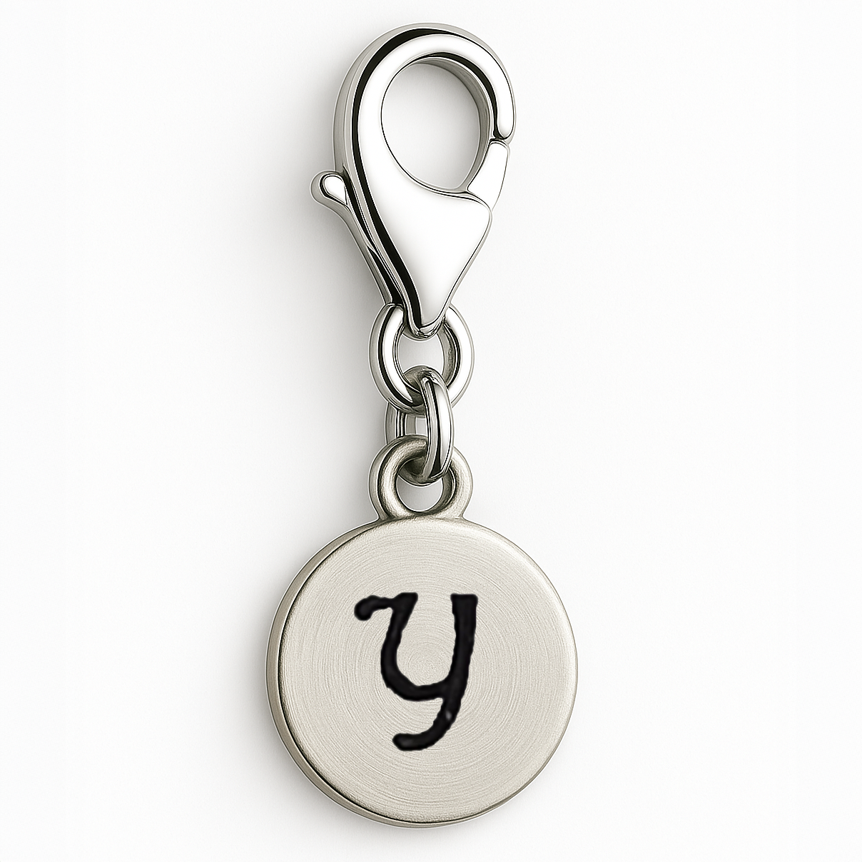 Silver charm with letter 'y' on a white background