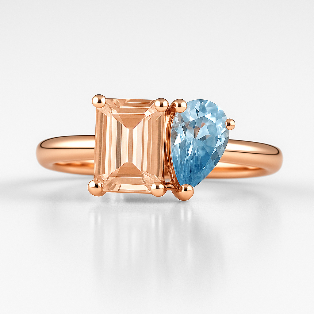 Rose Gold Ring with Pink and Blue Gemstones on a white background