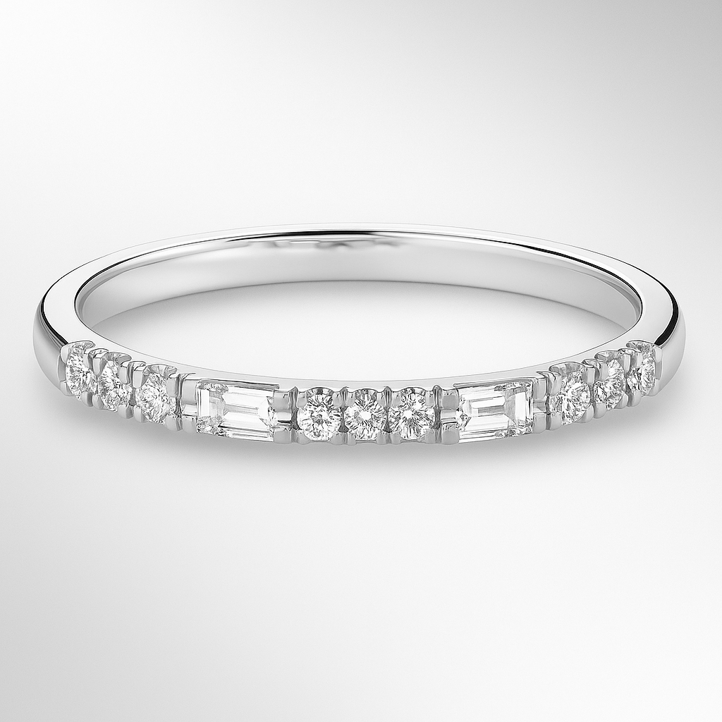 Platinum Round and Baguette Diamond Ring on a White Background