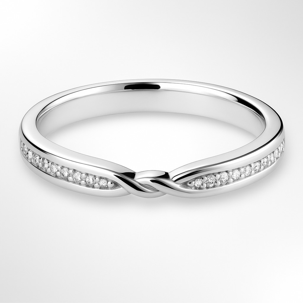 Platinum Diamond Wedding Ring with a Twist Knot on a White Background
