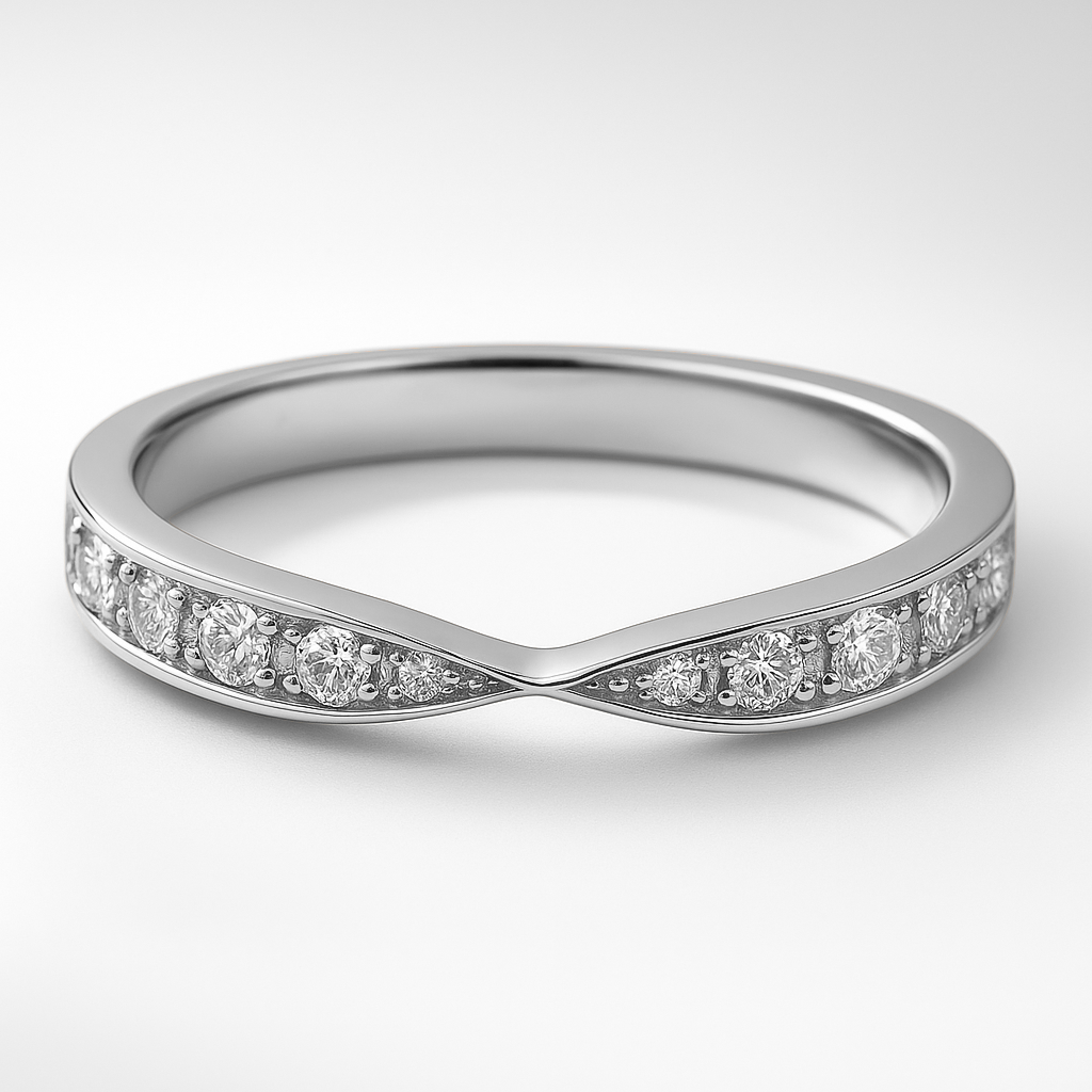 Platinum wedding ring with small diamonds on a white background