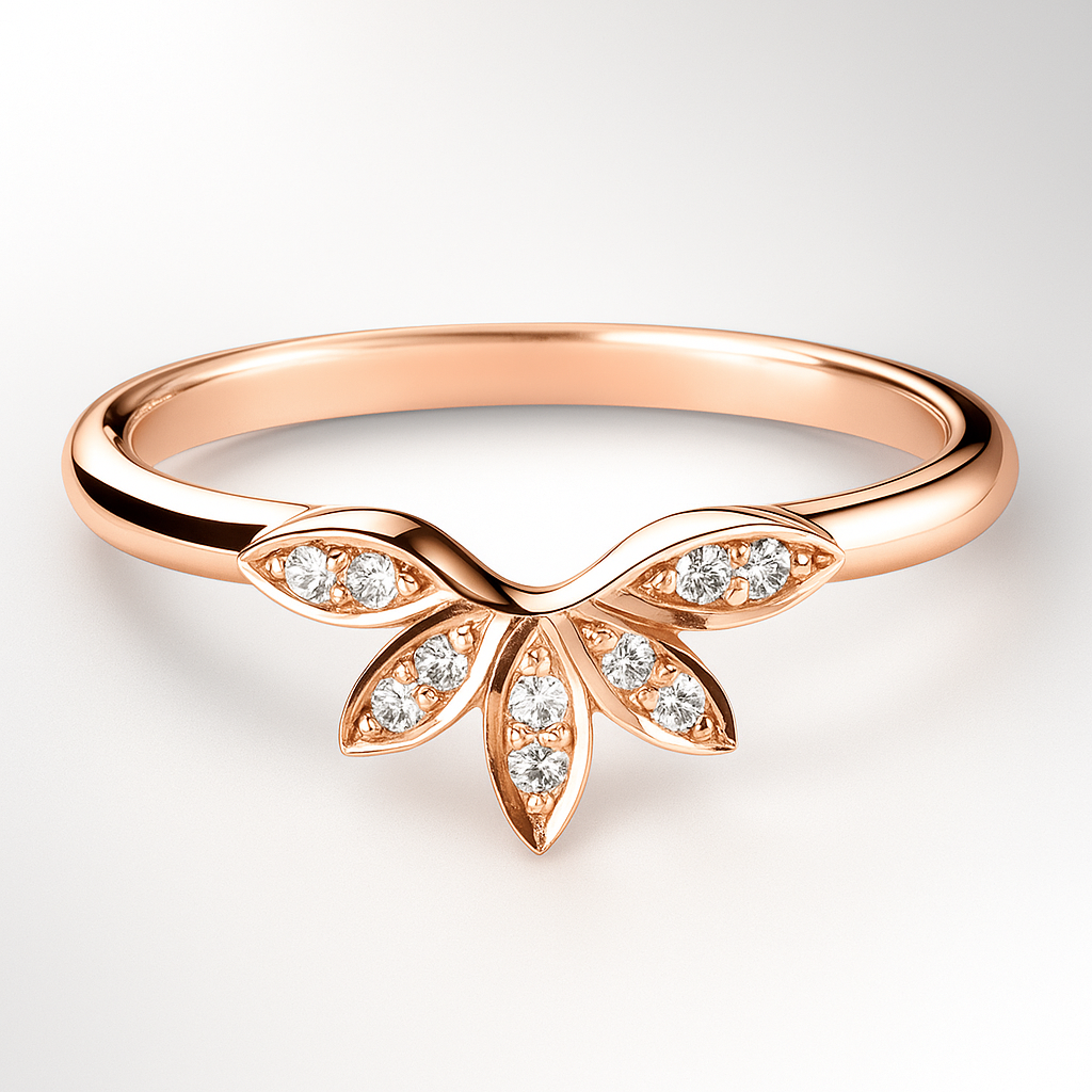 Rose gold ring with diamond accents on a light grey background