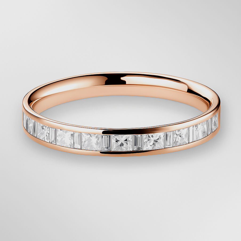 Rose Gold Princess and Baguette Diamond Ring on a Grey Background