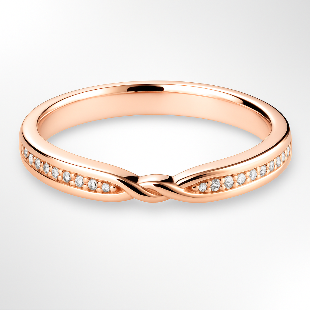 Rose Gold Diamond Wedding Ring with a Twist Knot on a White Background