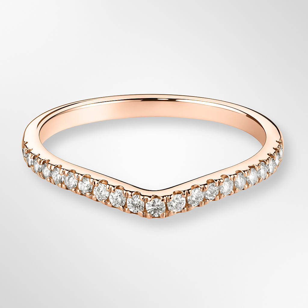 Rose gold ring with diamonds on a light grey background