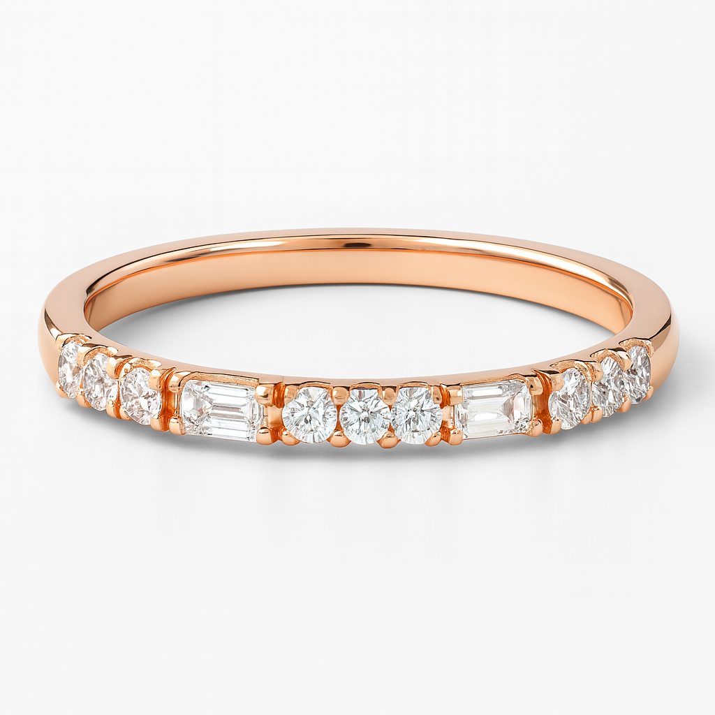 Rose gold ring with diamonds on a white background