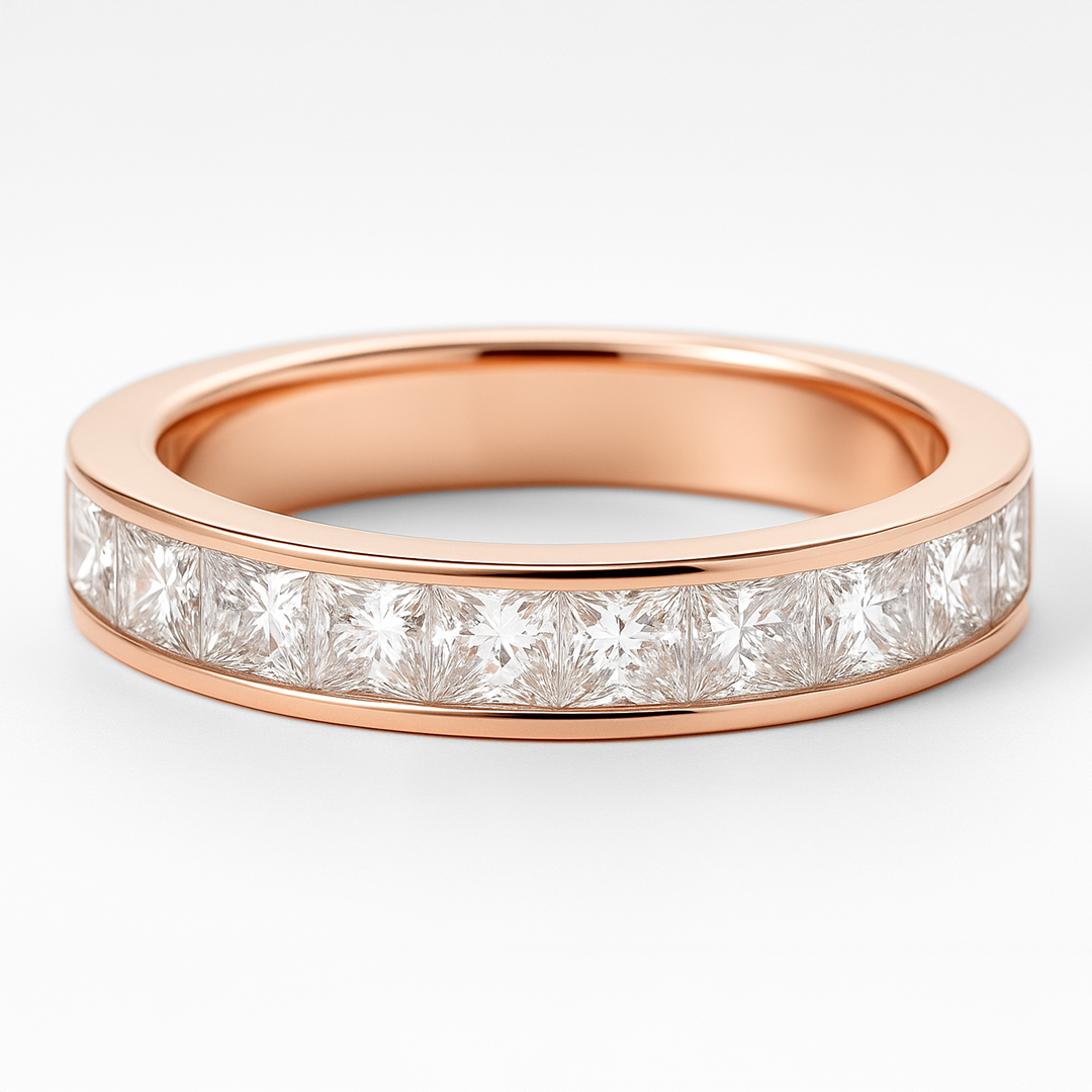 Rose gold ring with diamond stones on a white background