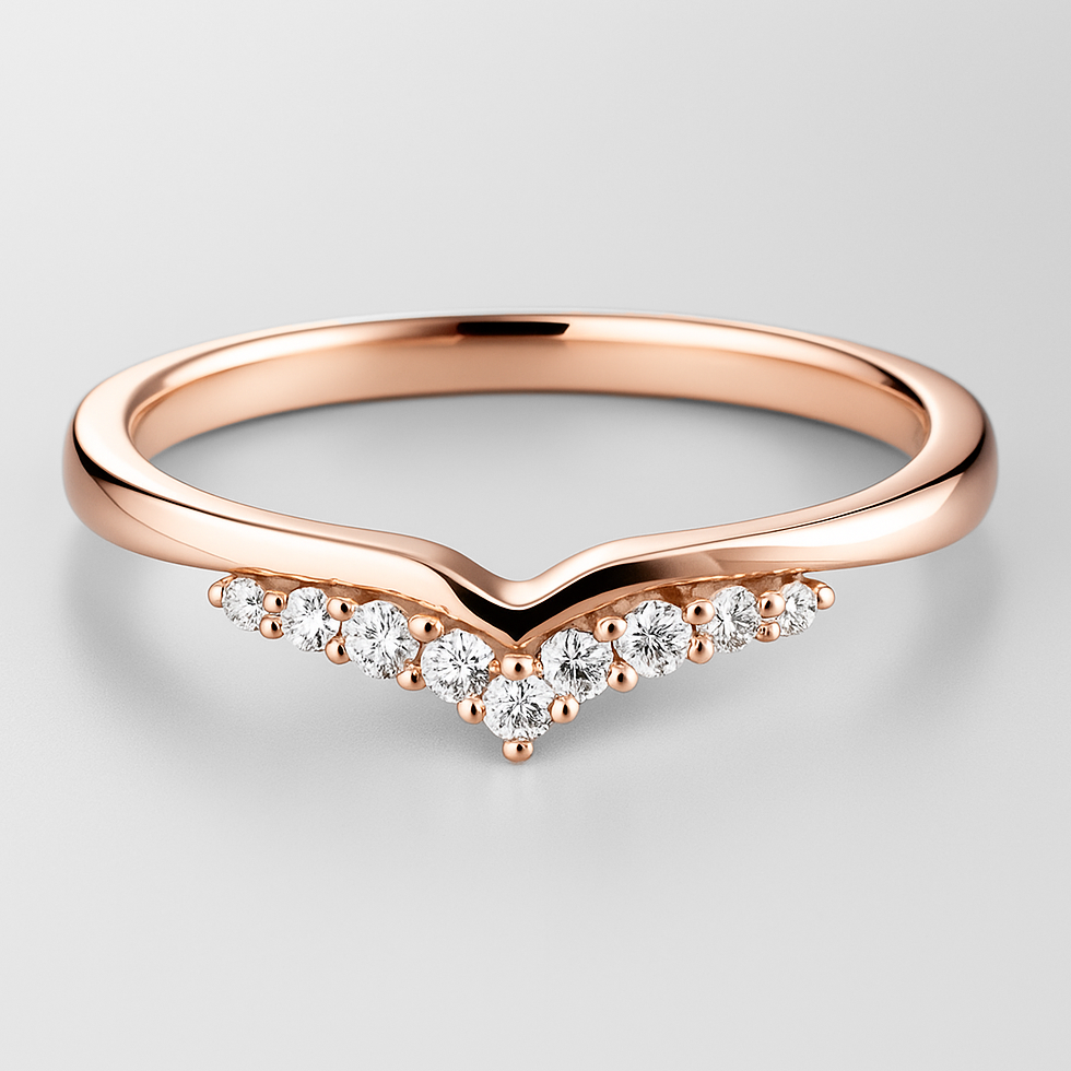 Rose gold ring with small diamonds on a light grey background