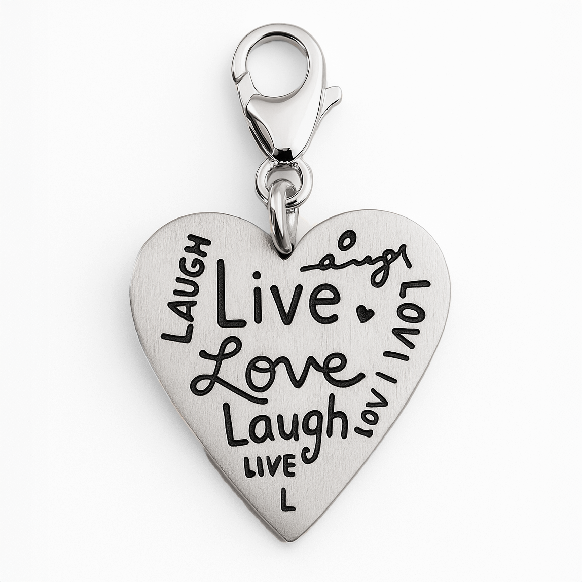 Heart-shaped silver charm with 'Live Love Laugh' text on a white background
