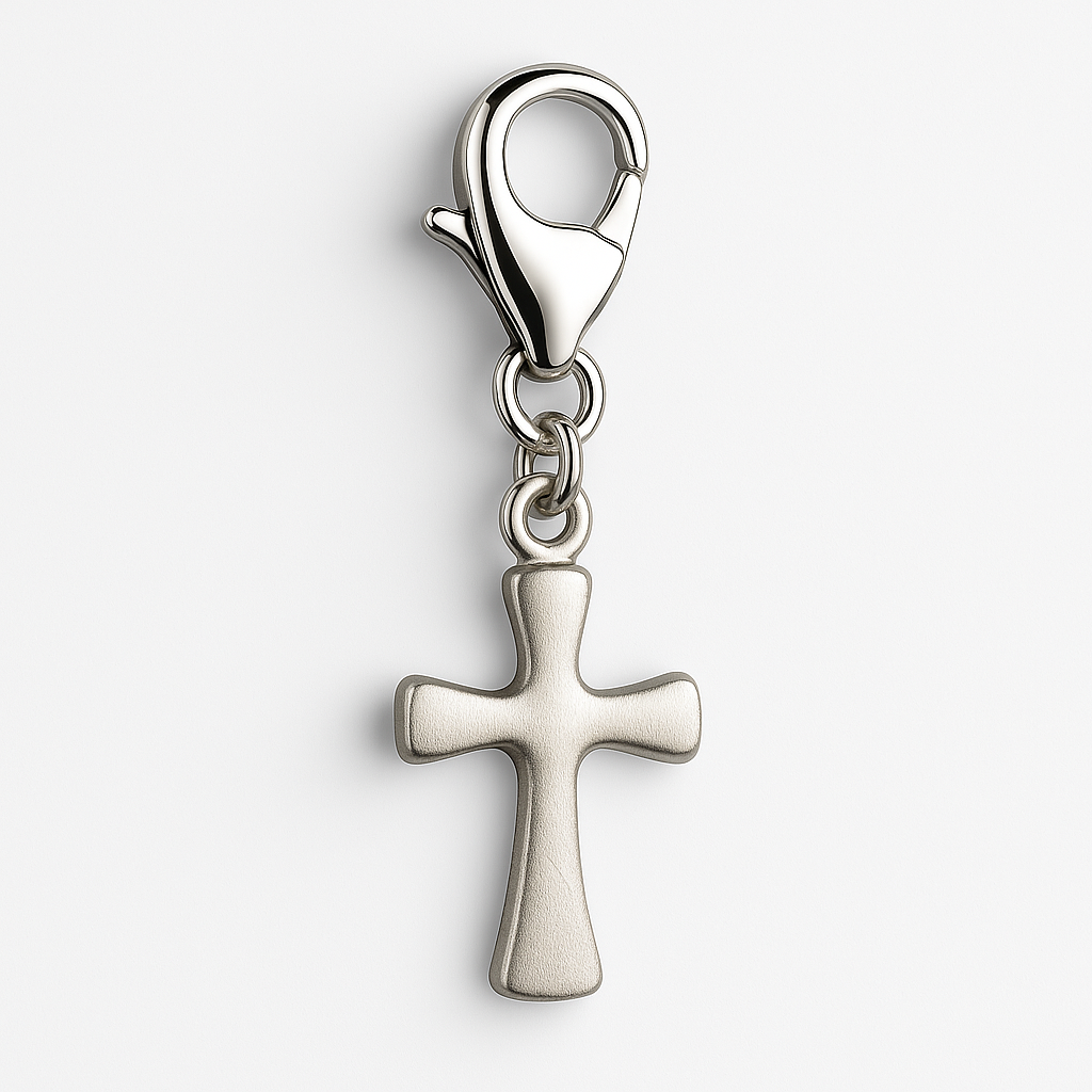 Silver satin cross pendant with a lobster clasp on a white background
