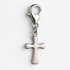 Silver satin cross pendant with a lobster clasp on a white background