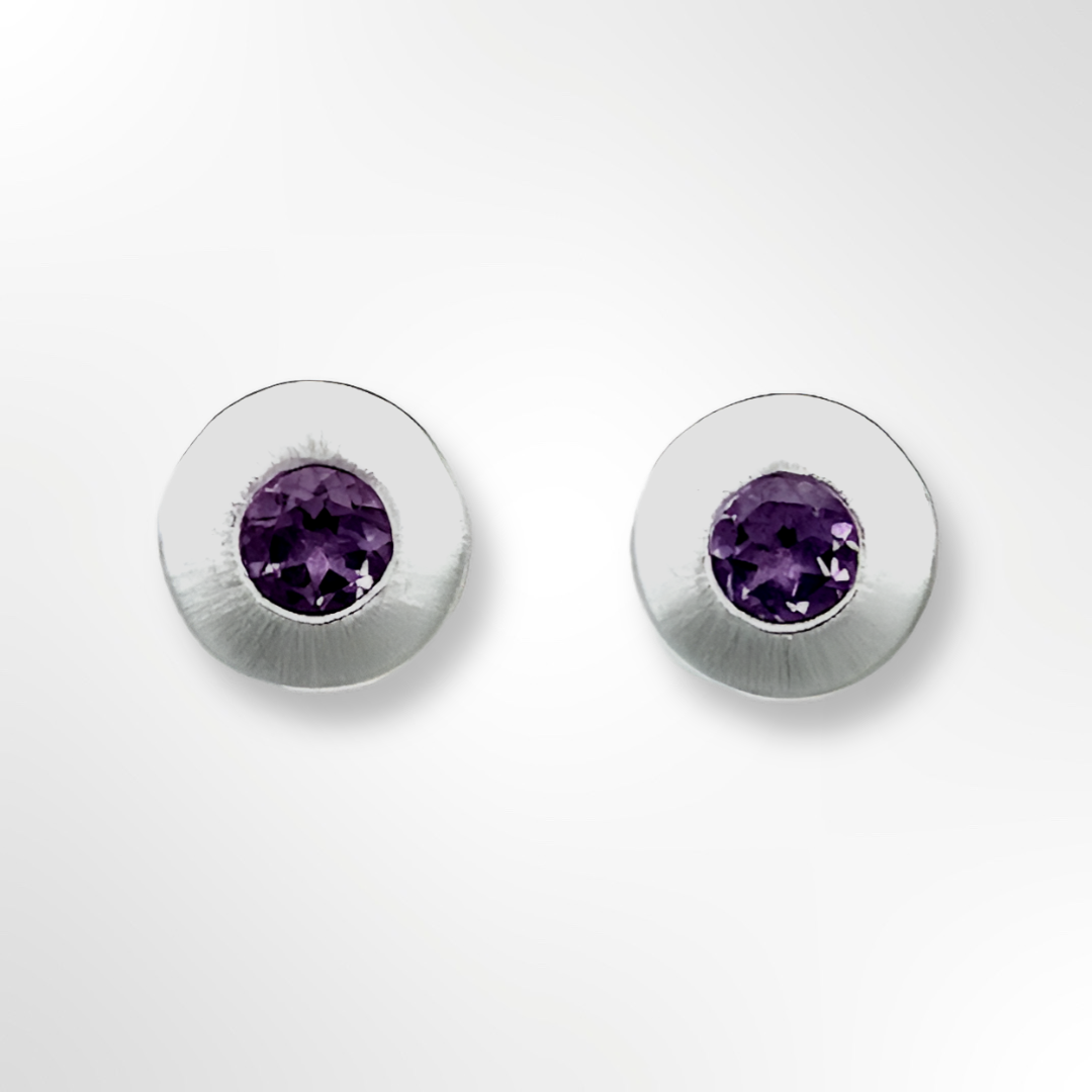 Sterling Silver Satin Halo Amethyst Stud Earrings