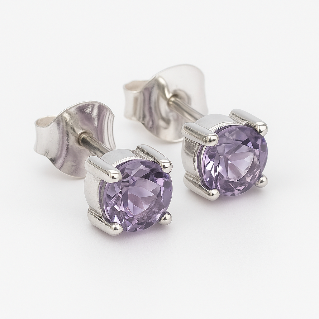 Silver Stud Earrings with a purple stone on a white background
