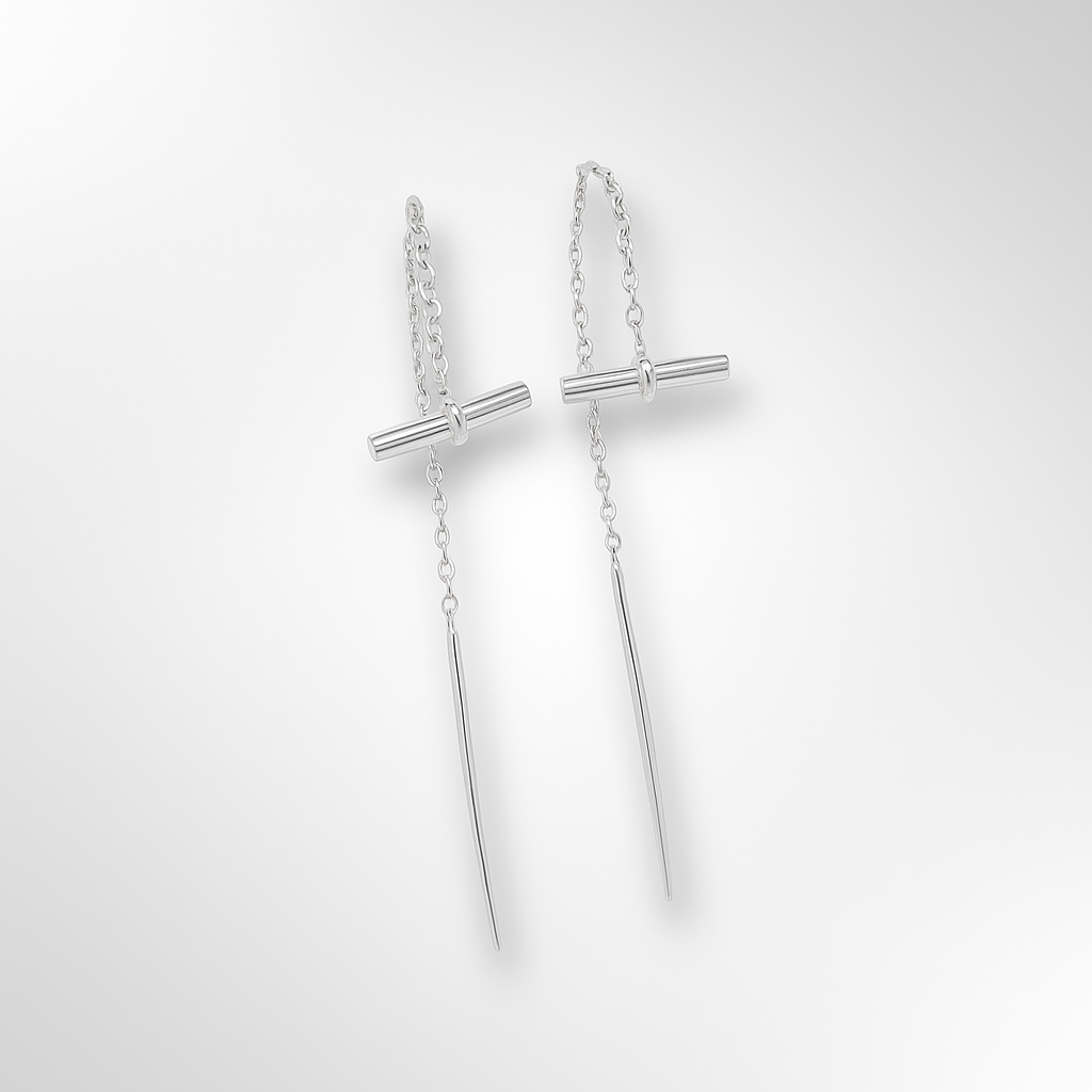 Silver Bar Drop Threader Earrings on a white background