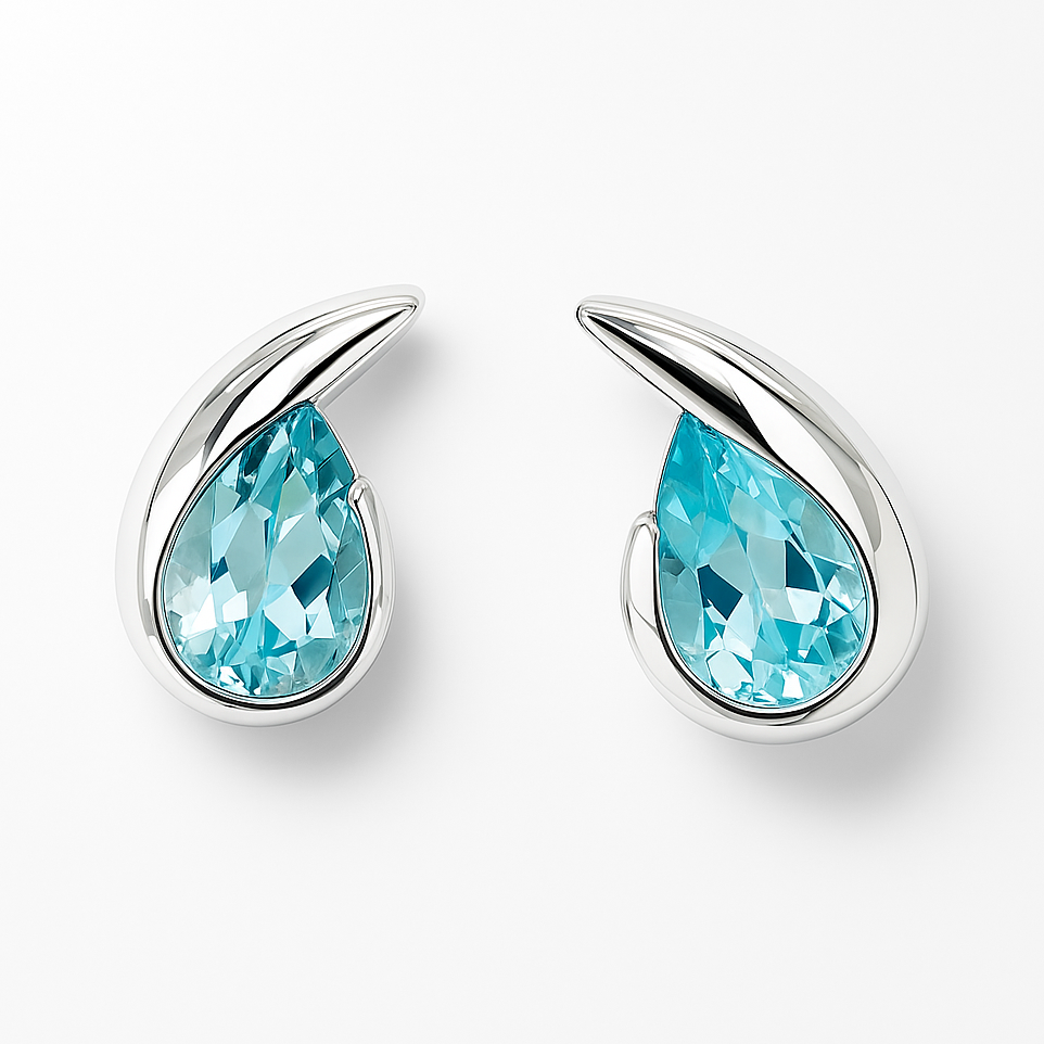 Teardrop-shaped earrings with blue gemstones on a white background