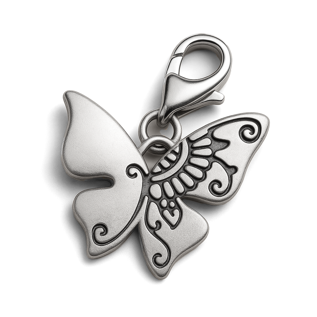 Silver butterfly pendant on a white background