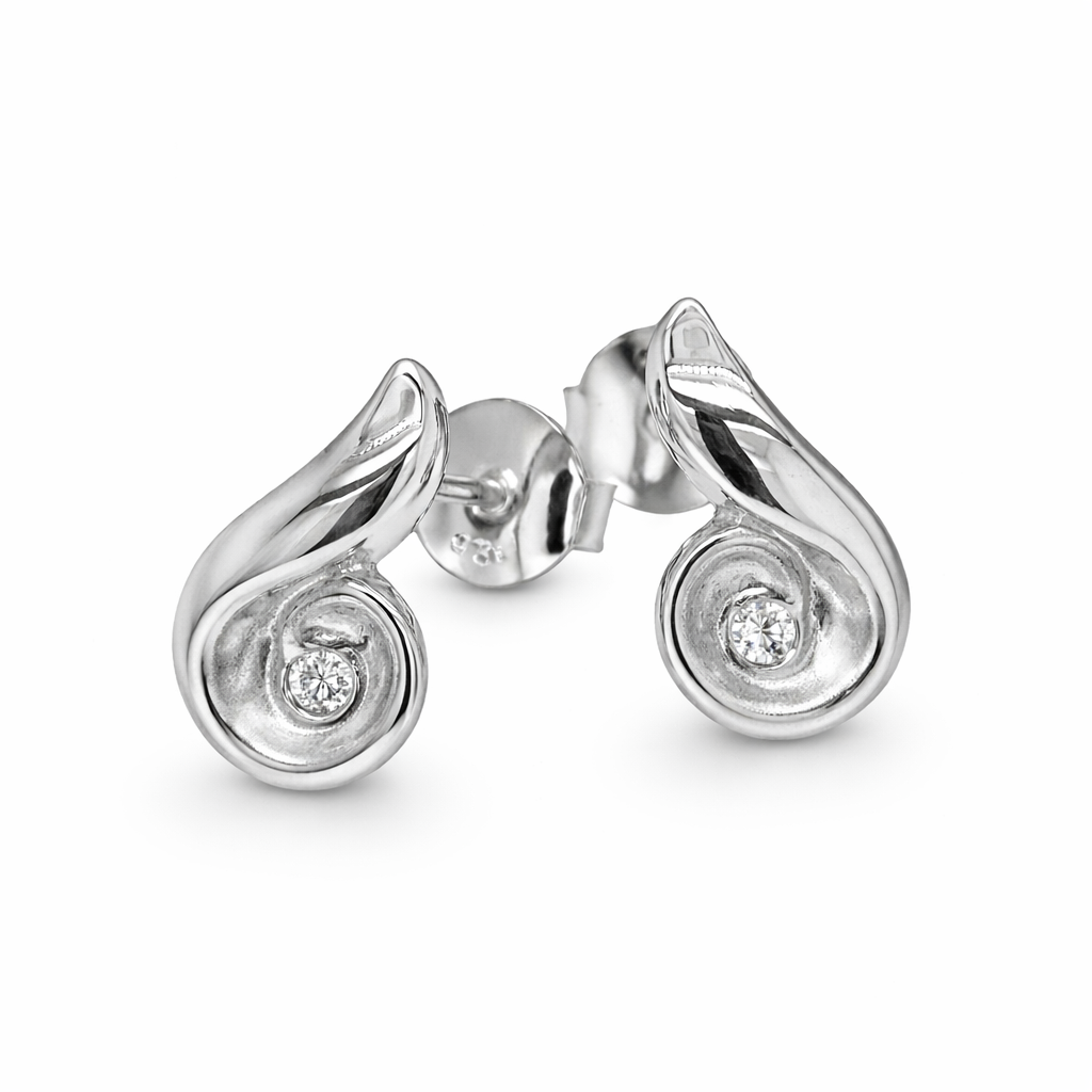 Silver Curl Diamond Stud Earrings on a white background
