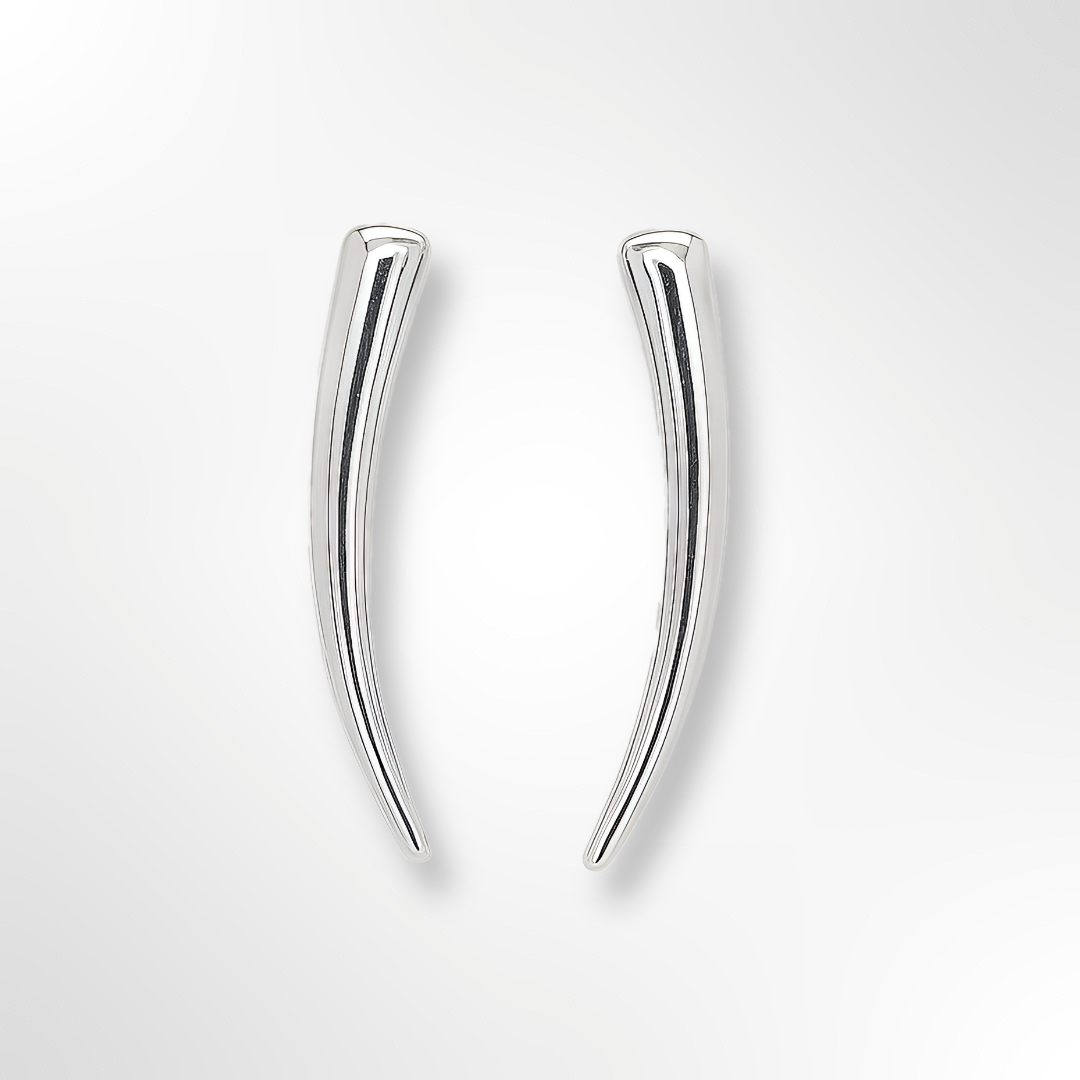 Pair of silver curved earrings on a light grey background