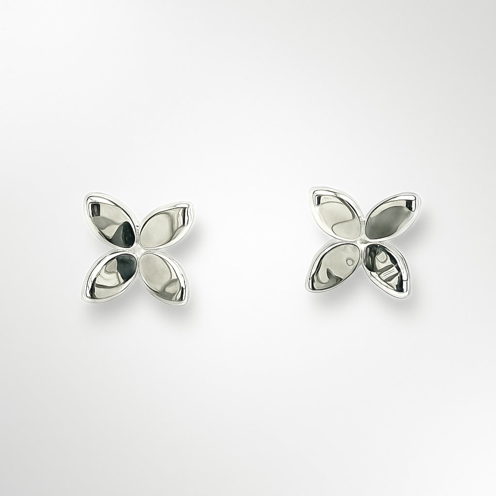 Pair of silver flower-shaped earrings on a white background