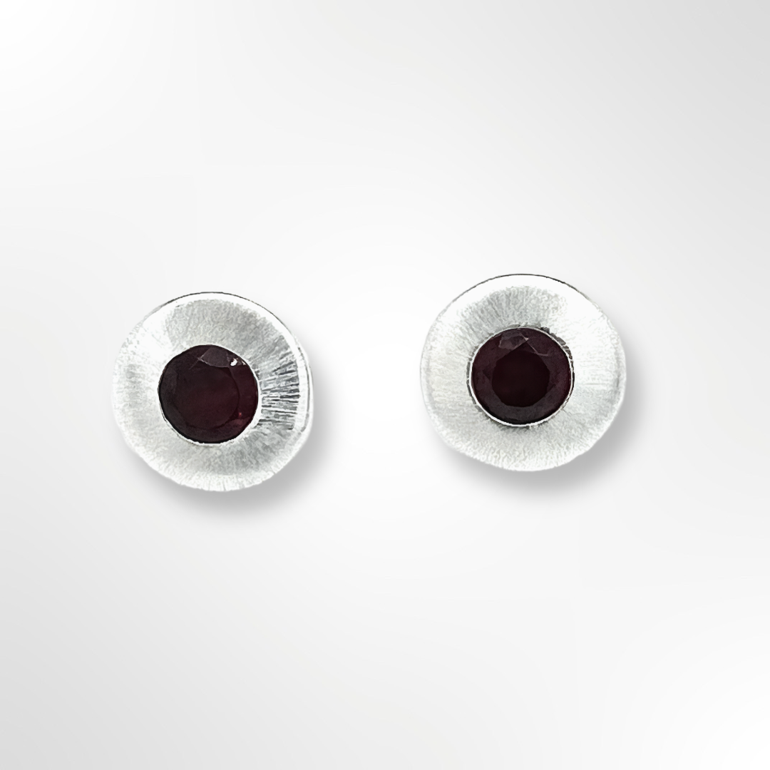 Sterling Silver Satin Halo Garnet Stud Earrings