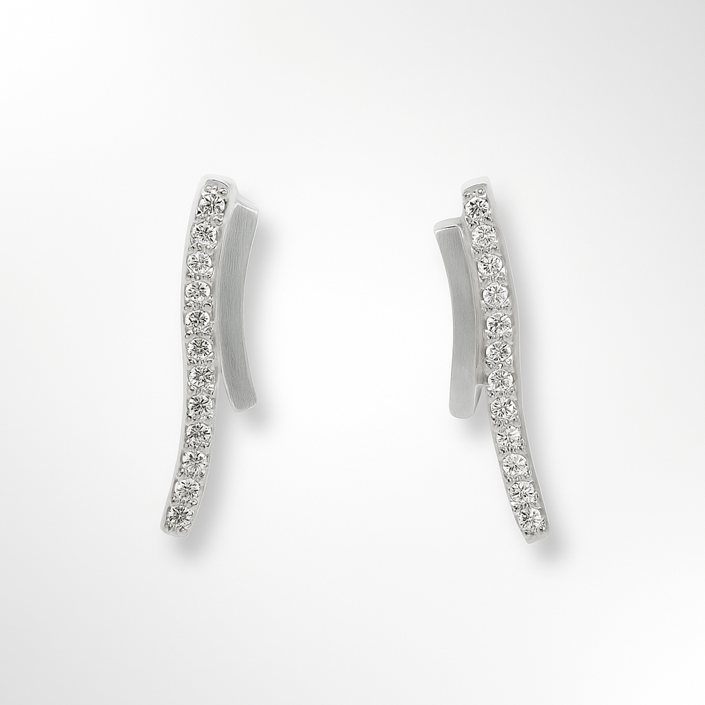 Pair of silver long stud earrings with clear cubic zirconia on a white background