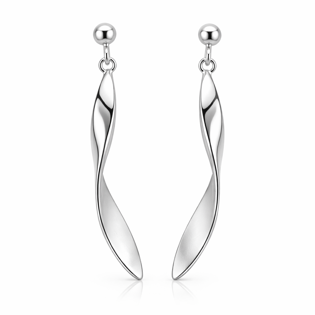 Pair of silver spiral earrings on a white background