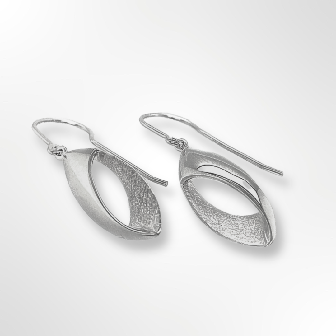 Sterling Silver Marquise Polish & Texture Open Ellipse Drop Wire Earrings 