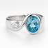 Silver ring with a blue gemstone and a white gemstone on a white background
