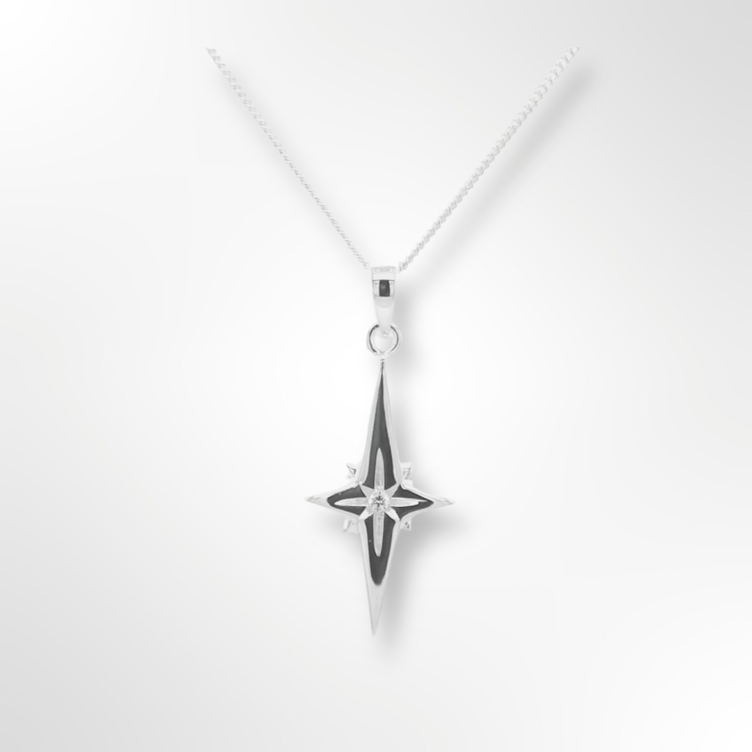 Silver CZ Polished Elongated Star Pendant on Chain