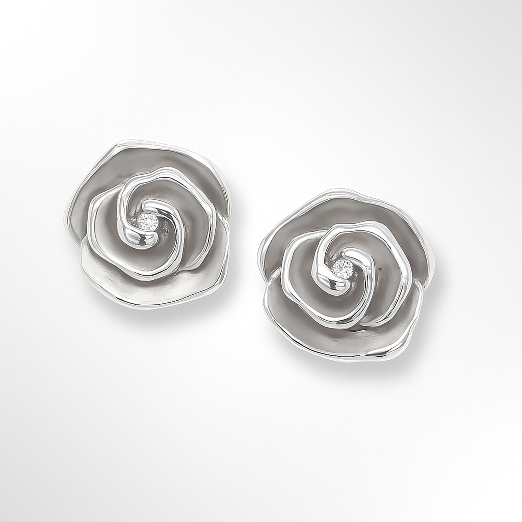 Silver Rose Flower Stud Earrings on a White Background