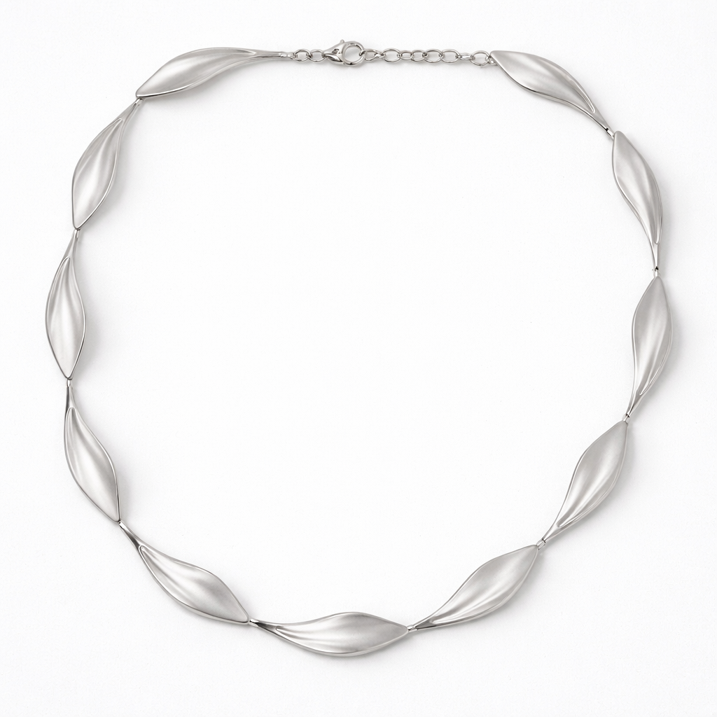 Silver Satin Leaf Link Collar Necklace on a white background
