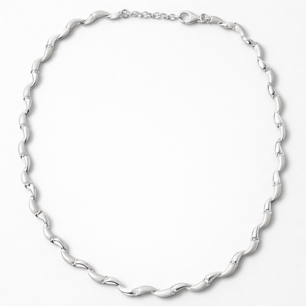 Silver Satin Polished Link Collar Necklace on a white background