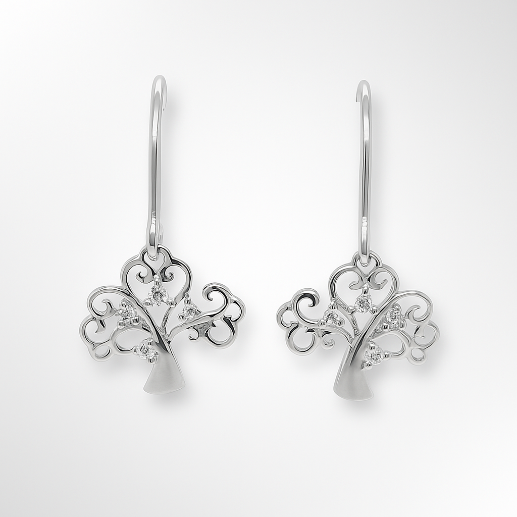 Pair of silver earrings with intricate designs on a white background