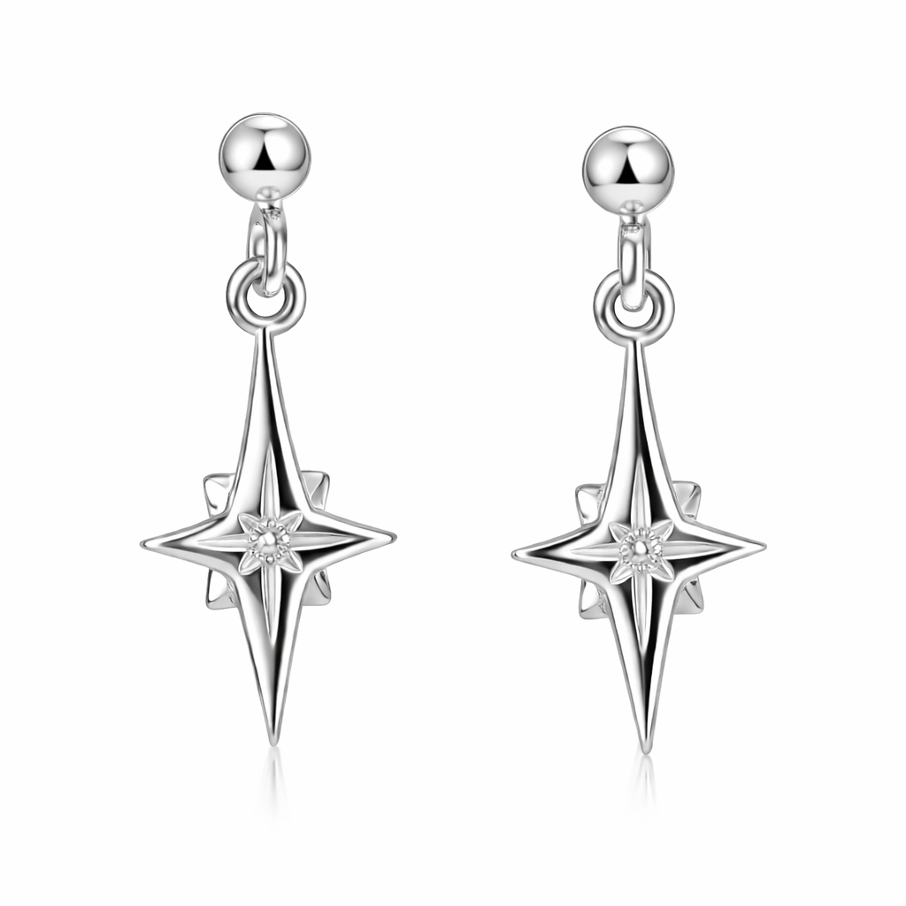 Silver Star Drop Earrings on a white background