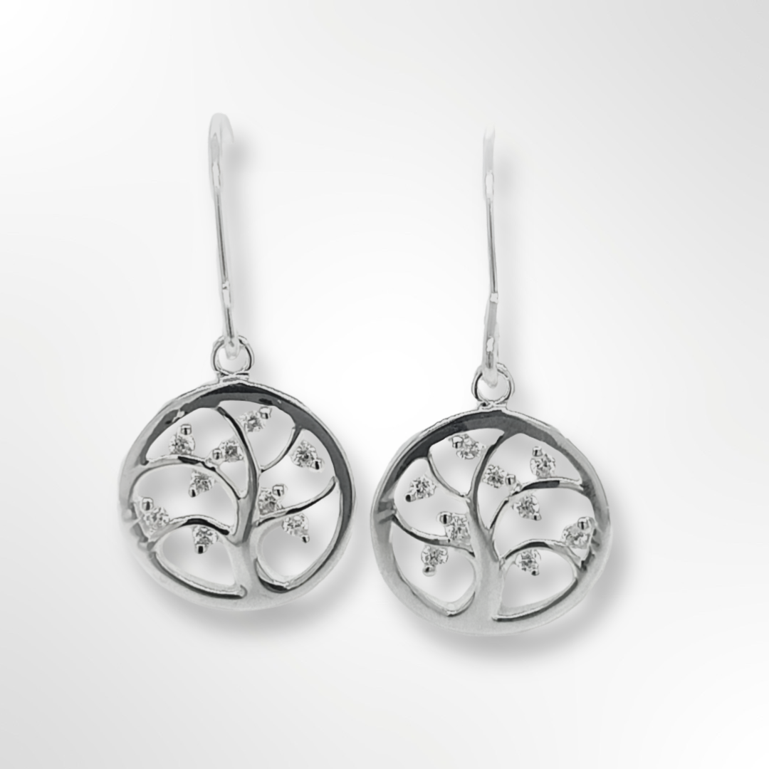 Silver CZ Tree of Life Drop Wire Earrings