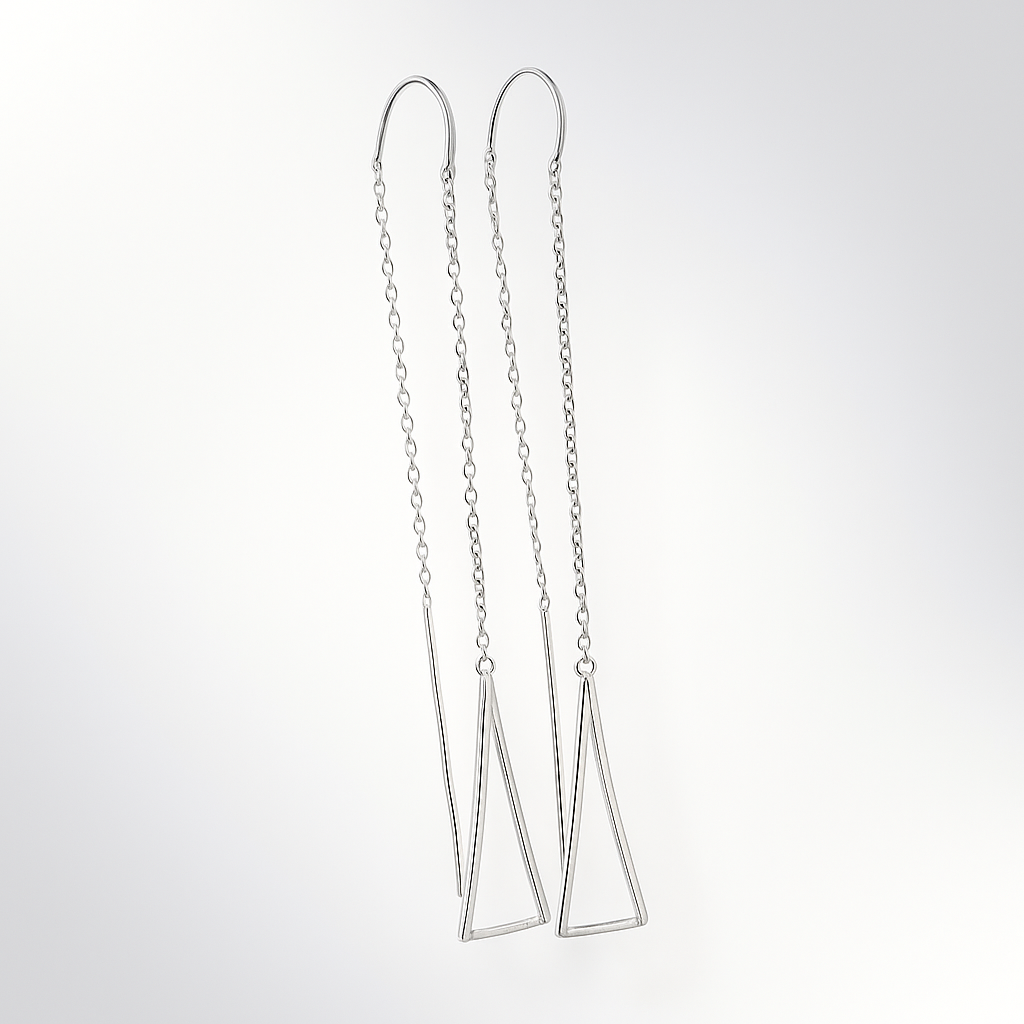 Pair of silver triangle earrings on a white background