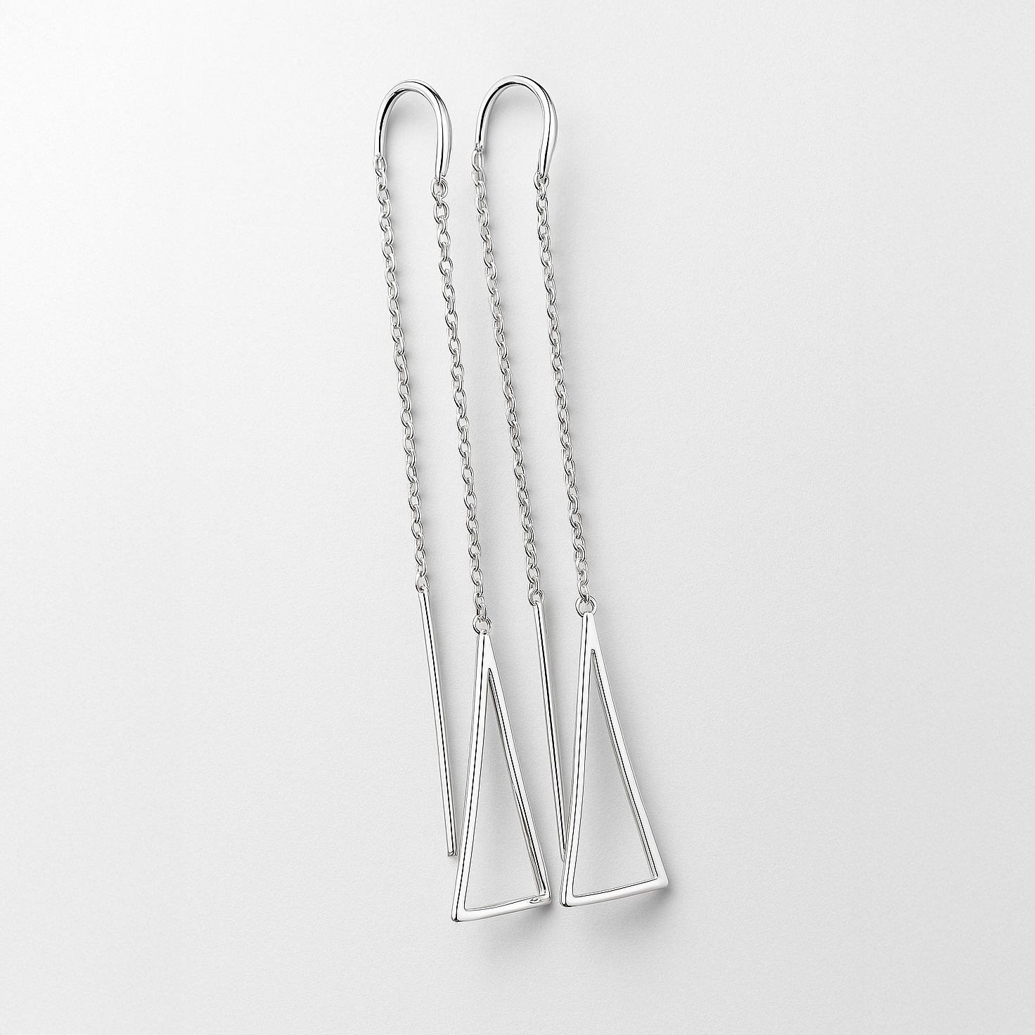 Silver triangle earrings on a white background